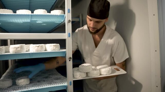 young artisan cheese maker smiling while takingageing fresh cheese shapes in a cellar in a dairy production plant
