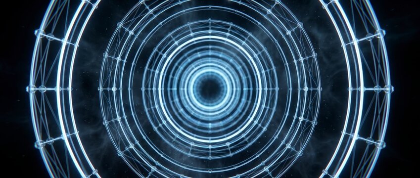 Concentric glowing wireframe rings forming a luminous tunnel with connected nodes in dark space