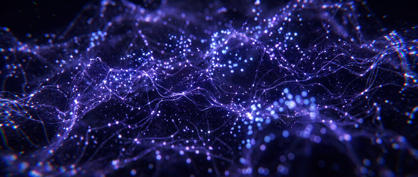Dense violet particle network with glowing nodes and flowing filaments across a dark landscape