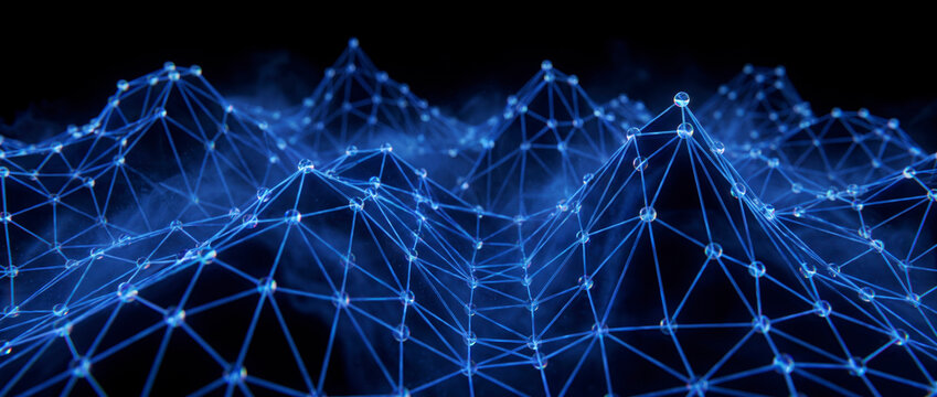Blue wireframe mountain mesh of connected nodes and triangles rising from dark misty background