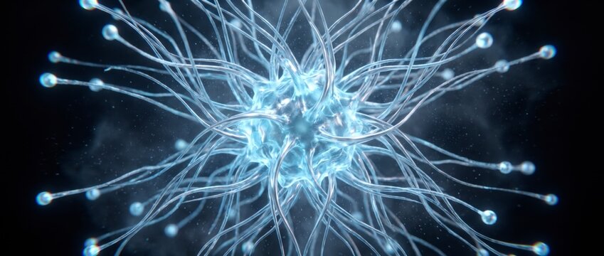 Translucent glass neuron cell with radiating tendrils and glowing synapse nodes in dark space