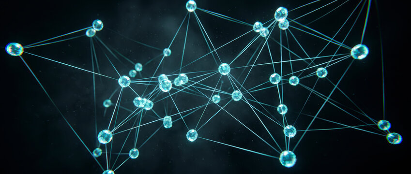 Crystal clear spherical nodes linked by fine glowing lines forming a sparse network on dark space