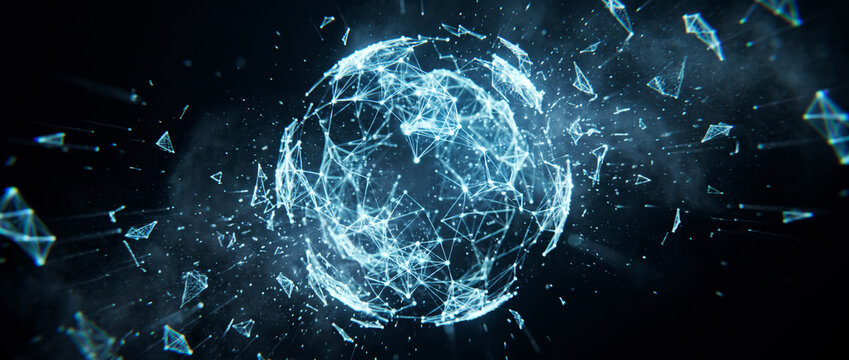 Exploding glowing polygon sphere of connected nodes scattering crystal shards into dark space