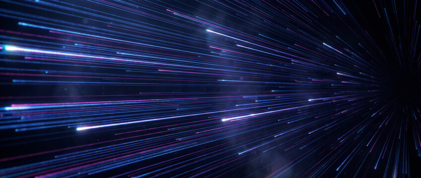 Blue and violet light streaks racing from vanishing point creating warp speed effect in dark space