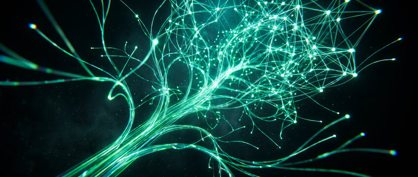 Luminous green fiber optic strands branching like a tree with glowing nodes on dark background