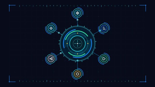 Futuristic digital interface with circular radar elements and geometric icons on a dark blue grid background