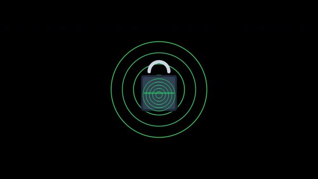 Flat design security padlock pulsing green biometric fingerprint scan, concentric shield rings, and horizontal laser sweep