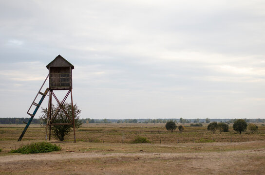 Wooden watchtower in open steppe landscape in Ukraine, overcast sky