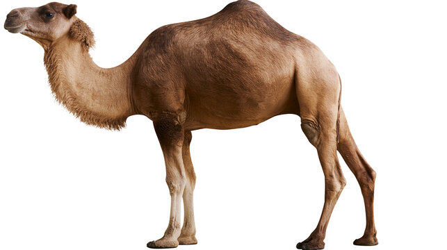Full body side view of a brown dromedary camel standing