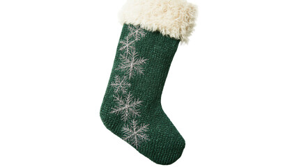 Dark green knitted Christmas stocking with silver snowflake embroidery and fur trim © Ludwig