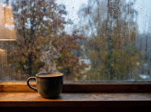 Cozy Autumn Still Life with Coffee and Rainy Window.
Atmospheric autumn interior featuring a warm cup of coffee beside a rain-covered window with soft foliage outside.
