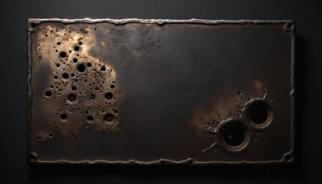 Minimalist dark metal industrial tray with recessed compartments and rivets
