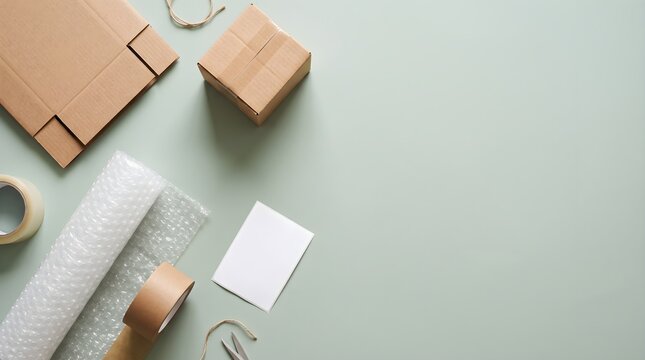 Cardboard boxes, bubble wrap, tape, scissors, and twine on a light green background