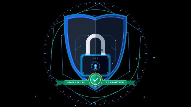 Flat design security padlock and shield guaranteed badge graphic animation against transparent background