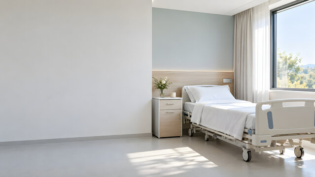 Empty hospital ward room with single bed and window, copy space