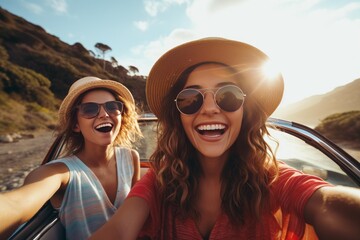 Fototapeta premium Two cheerful young women in hats and sunglasses experiencing joy and freedom during a summer road trip, taking a self portrait while driving along a sunny, mountainous coast