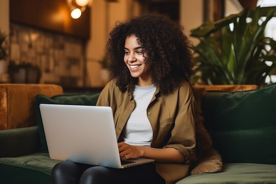 Young black woman with curly hair smiling and looking at a laptop, sitting on a sofa at home, engaging in remote work and digital communication, embracing modern lifestyle and productivity