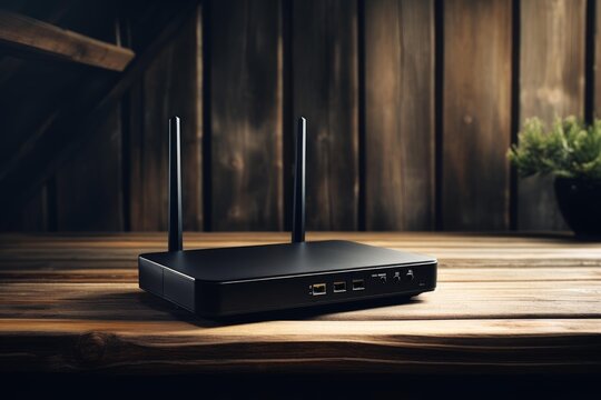Black wireless wifi internet router with antennas connecting devices to a high speed broadband network, providing seamless digital communication and data streaming on a rustic wooden table