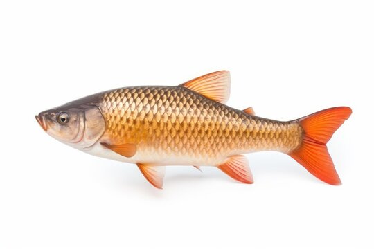 Common carp fish showcasing its scales and vibrant orange fins