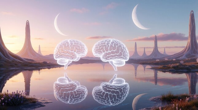 Two glowing human brains float above calm alien lake at dawn. Surreal landscape features strange rock formations, crescent moons in pastel sky. Reflection of minds appears in still water. Concept of