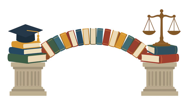 Education To Justice Concept Bridge Formed By Books With Graduation Cap And Scales of Justice