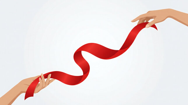 Two hands holding a wavy red ribbon against a light background
