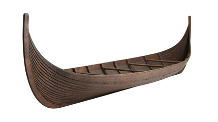 Traditional wooden Viking longship with curved prow and clinker built hull © Otso