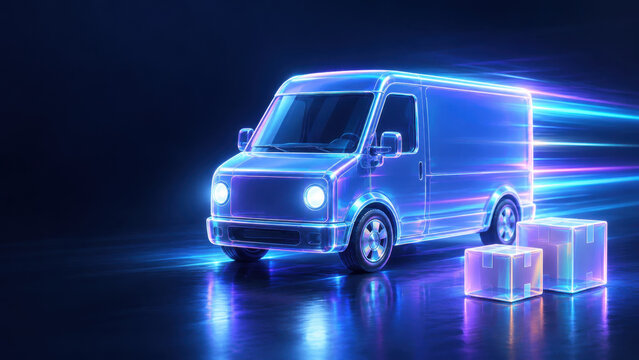 Neon delivery van illustration with parcel and blue light on reflective surface