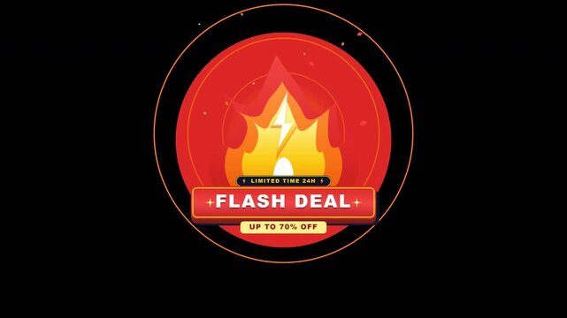 Animated flat flash deal fire flame and electric lightning bolt graphic with golden sparkles on transparent background