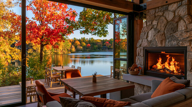 a cozy living space with a panoramic view of a serene lake surrounded by autumn foliage. The main subject is a stone fireplace with a roaring fire, set against a backdrop of vibrant red, orange.