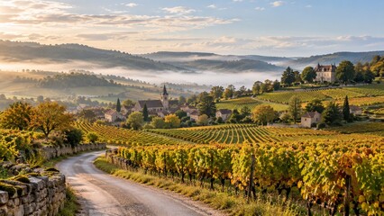 Naklejka premium Autumn vineyard rows following hills toward a misty stone village