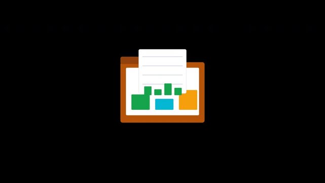 An orange office folder archiving documents with paper sliding out upward, revealing a financial chart with colorful bar graphs against a transparent background