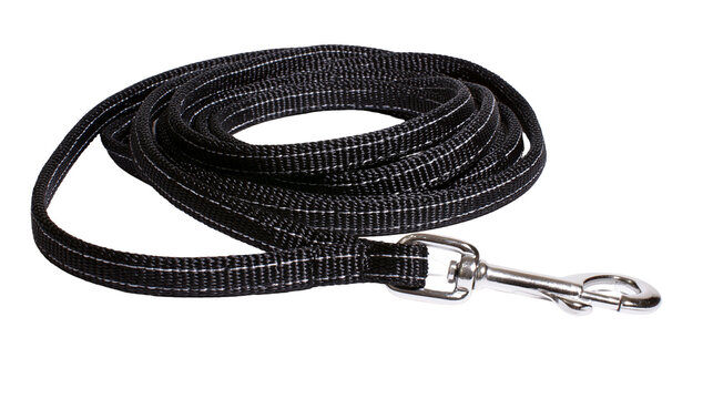 Black nylon dog leash with reflective stitching and metal swivel snap hook