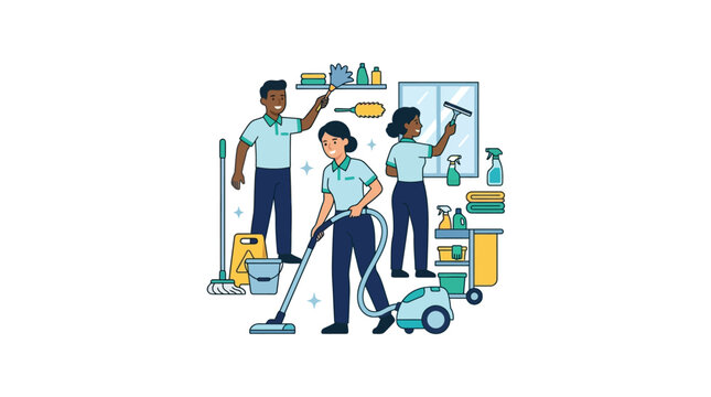 Professional Cleaning Service Team Working Together in Office Interior Illustration