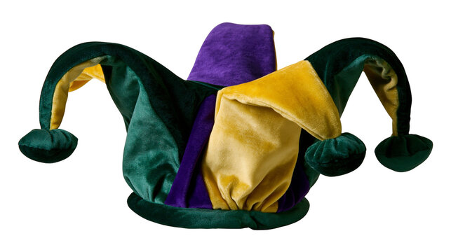 Purple green and yellow velvet jester hat with three points and hanging bells