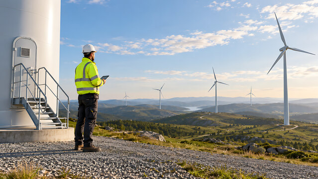 Wind farm engineer inspecting turbines from ground level