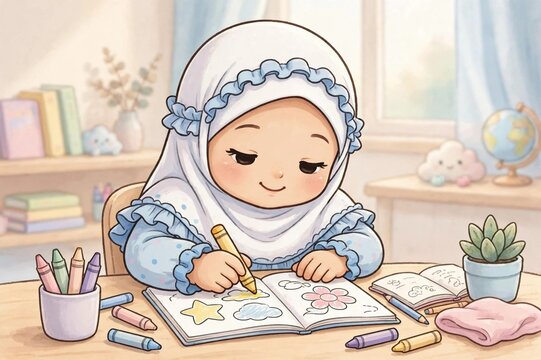 Cute Muslim Girl Homeschooling Coloring Book - BDR Belajar Dari Rumah Education Illustration
