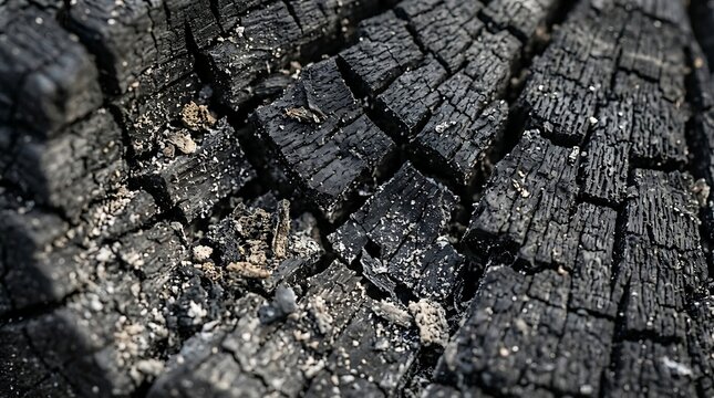 Close-up of intensely charred wood showing intricate crack patterns and rough, dark texture, hinting at the aftermath of fire or decay, a compelling visual of transformation