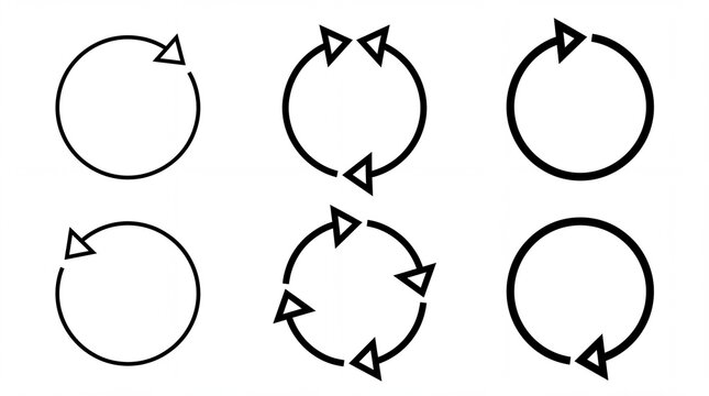 Minimalist circular arrow icon set, black outline repeat symbols, refresh and recycle vector signs for UI design