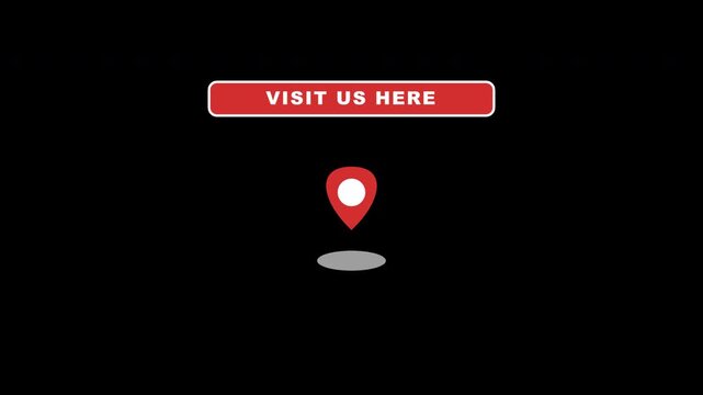 A flat red location map pin bounces and drops onto the ground with expanding ripple rings and a visit us callout banner on a transparent background