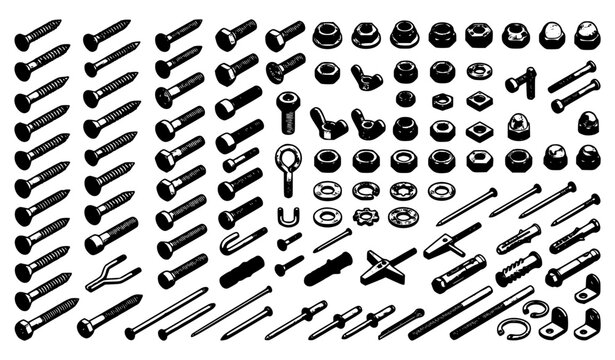 Create a professional isometric outline vector illustration collection of hardware fasteners, featuring 18 individually isolated objects arranged in a neat, balanced grid. Include wood screws, machine