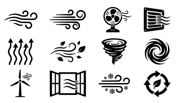 Untitled design - Wind Airflow Ventilation and Weather Black Glyph Vector Icon Set