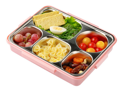 Colorful lunchbox with various foods arranged in containers and compartments