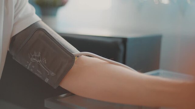 Close-up of a patient arm with a blood pressure monitor cuff 