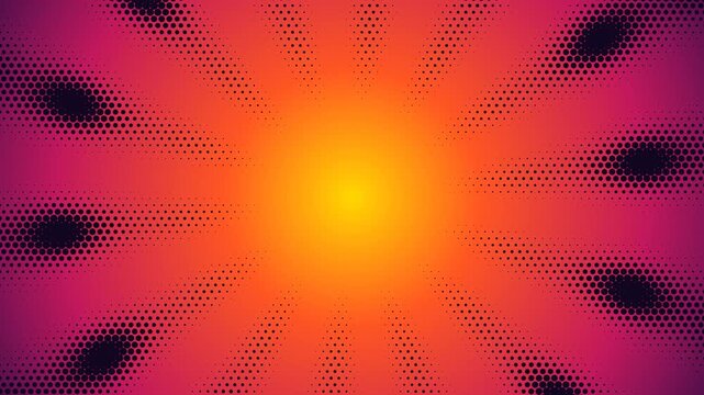 Retro comic book pop art sunburst background with glowing yellow orange radial speed lines and halftone dots. This seamless loop is ideal for anime and gaming videos.