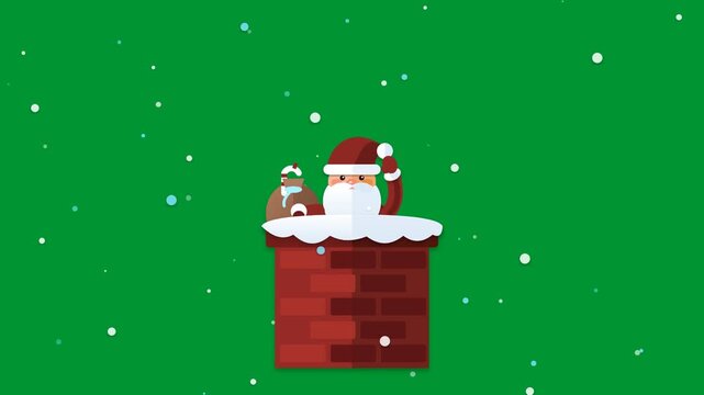 Animated Santa Claus waving from inside a snow covered brick chimney with falling white snowflakes seamless loop over solid green background in flat 2D cartoon style