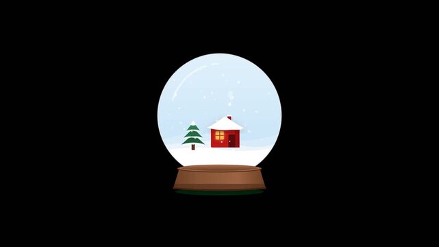 Christmas snow globe with winter red house cabin and pine tree in falling snow animation seamless loop isolated on black background in 2D flat vector style