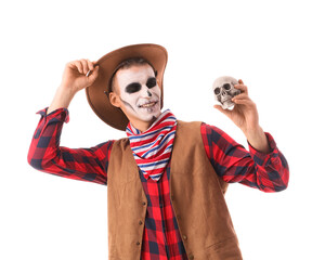 Fototapeta premium Halloween celebration and costume party, man in cowboy outfit with skull makeup holding a small human skull isolated on a white background