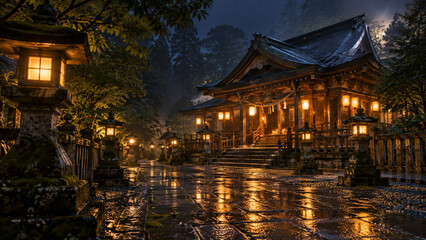 Fototapeta premium 雨上がりの夜に灯籠の光が映る静かな日本の神社