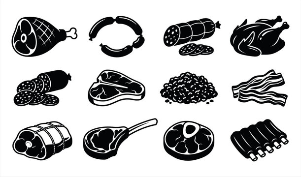 Collection of meat products icons including ham sausages salami roasted chicken steaks minced meat bacon and ribs with products sausages barbecue nutrition